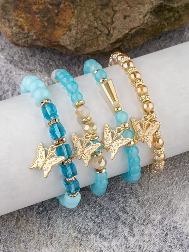 Vista 2 de Juego de pulseras con colgante de mariposa con cuentas de cristal bohemio, apilable, pulsera elástica apilable hecha a mano, multicapa colorida