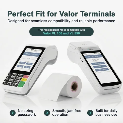 Vista 6 de Rollo de papel de recibo para máquina de tarjetas de crédito Valor Paytech VL 110 y VL 500 (10 rollos)