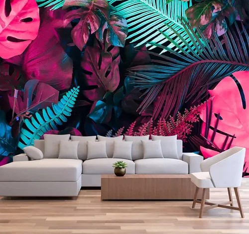 Vista 4 de Reyhui - Papel tapiz tropical de hojas de plátano, mural de pared de hoja de plátano, papel tapiz para pared de planta colorida, mural de pared