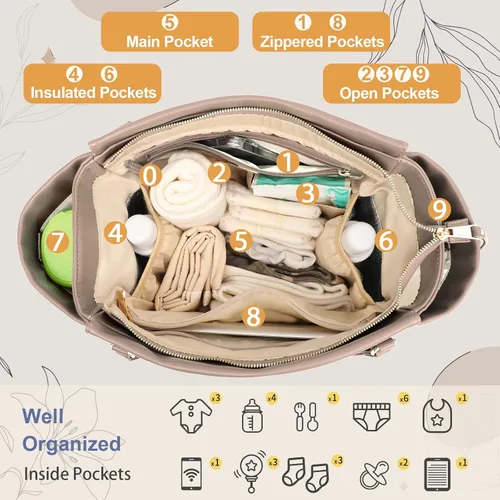 Vista 4 de miss fong Bolso de pañales de cuero con diseño a cuadros, mochila grande para mamá, bolsa hospitalaria de gran capacidad, 12 bolsillos, bolso