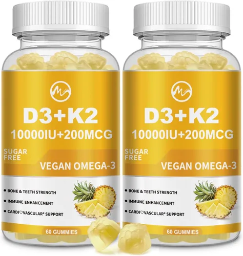 Vista 10 de Gomas de vitamina D3 K2 de M inch, vitamina D3 10000UI, K2 (MK-7) 200mcg, suplemento de vitamina D3 con K2 6-en-1 con Omega-3, magnesio y calcio