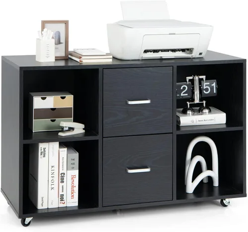 Vista 8 de Archivador de 2 cajones, archivador lateral con estantes y ruedas, aparador de buffet negro, gabinete de almacenamiento rodante, gabinetes de madera