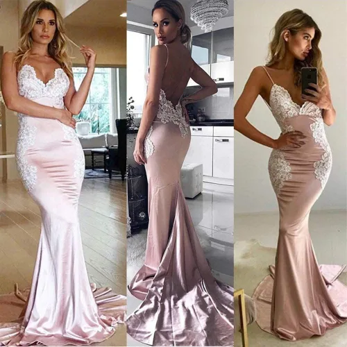 Vista 5 de M Bridal Vestidos largos de sirena con apliques de encaje para mujer, vestidos de noche con espalda abierta