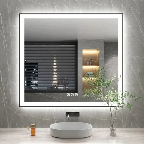 Vista 53 de Espejo de baño LED de 24x28 pulgadas con marco negro, espejos de baño retroiluminados y con luz frontal para pared, antiempañamiento, regulable