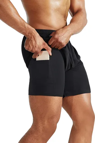 Vista 2 de Neleus - Shorts 2 en 1 para entrenar y correr para hombre, con forro, tela Dri-Fit, con bolsillos