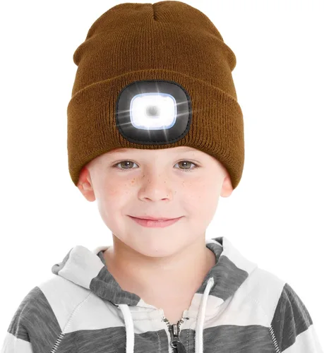 Vista 21 de Gorro LED para Niños, Unisex Gorro con Linterna Frontal Recargable de Invierno con Luz Nocturna, Regalos para Niños y Niñas Naranja