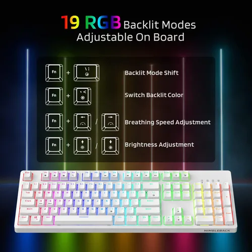 Vista 5 de LTC NB1041 Nimbleback Teclado mecánico con cable intercambiable en caliente 104 teclas RGB retroiluminado para juegos interruptor rojoblanco