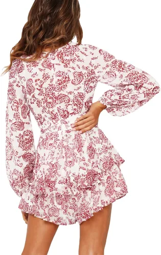 Vista 4 de DOFEEYA Enterizo corto floral con cuello en V y manga holgada, vestido de verano casual con lazo en la cintura, dobladillo con volantes