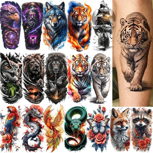 Vista 19 de VANTATY 20 hojas de tatuajes temporales extra grandes de brazo completo para hombres adultos, manga de tatuajes temporales de tigre, serpiente