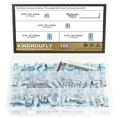 Vista 15 de Juego de 142 piezas: Insertos roscados de 1/4"-20 (10mm, 15mm, 20mm, 25mm), tuercas e insertos de madera para tornillos de muebles de madera, azul