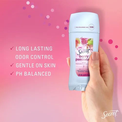 Vista 9 de Secret Desodorante antitranspirante para mujeres, paquete de barra y aerosol, Berry Passionate con aroma de maracuyá y guayaba, 72 horas de frescura