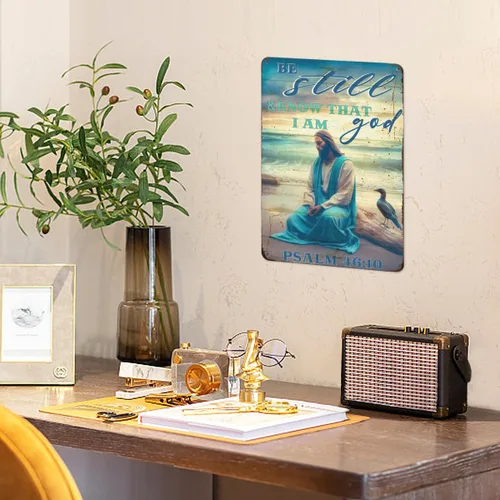 Vista 4 de Letrero de Jesús Cristo de Pascua en Lata, Letrero de Metal "Sea en Paz y Sepa Que Yo Soy Dios", Arte de Pared Gracioso, Cartel Retro, Placa