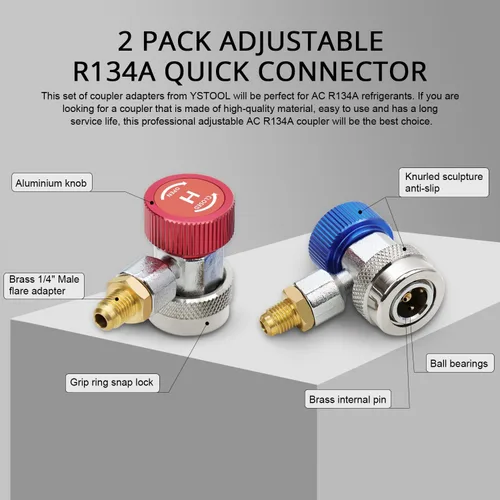Vista 2 de YSTOOL Automotriz AC R134a Kit de acoplador rápido ajustable HVAC Conversión de conector alto y bajo con adaptador SAE macho de 1/4 de pulgada