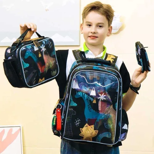 Vista 2 de gxtvo Mochila de dinosaurio para niños, 3 unidades, 16 pulgadas, preescolar, primaria, con lonchera