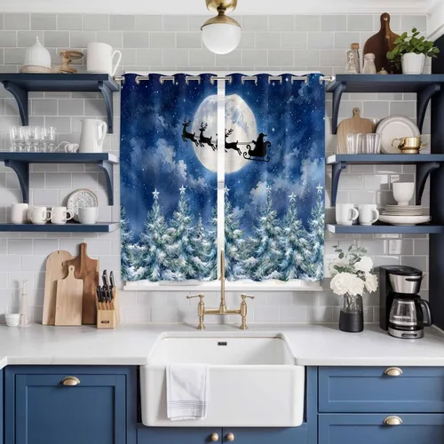Vista 21 de Libaoge Cortinas de Navidad para cocina, dormitorio, juego de 2 paneles, diseño de muñeco de nieve de Navidad, cortinas de invierno con copos
