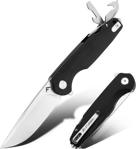 Vista 9 de FLISSA VERSA Cuchillo de bolsillo multiherramienta, hoja D2 de 3.3 pulgadas con mango G10, cuchillo plegable con bloqueo de revestimiento con Verde
