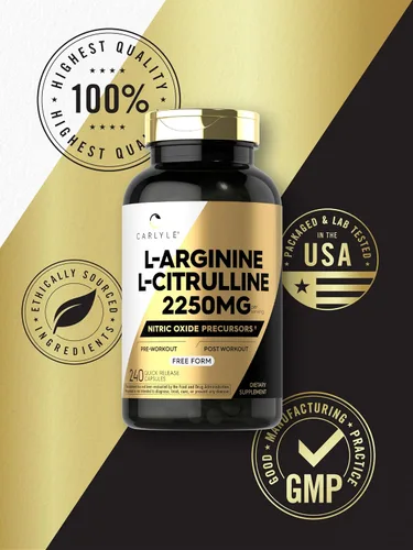 Vista 6 de Carlyle L-Arginina L-Citrulina Suplemento 2250 mg 240 cápsulas en polvo Precursores de óxido nítrico Forma libre Sin OMG y sin gluten