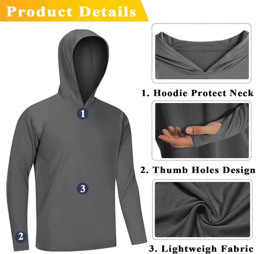 Vista 6 de KEFITEVD Camisas de sol para hombre, manga larga, con capucha, protección UV, senderismo, atletismo, secado rápido