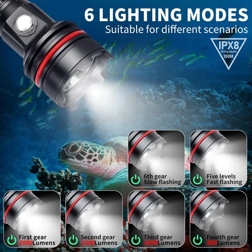 Vista 3 de 14S - Luz de buceo, 2000 lúmenes, linterna submarina brillante