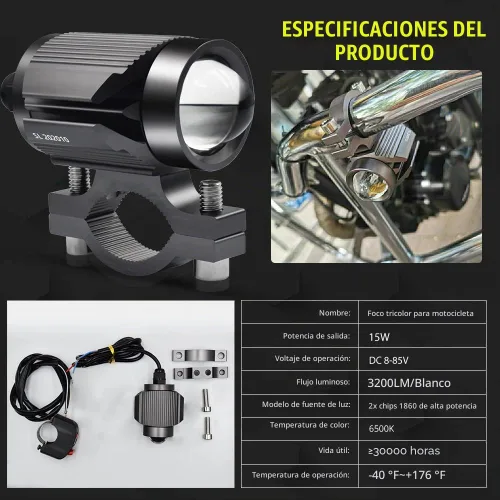 Vista 7 de Luces de conducción de motocicleta de 15 vatios, luces de doble color, blanco/ámbar, 3 modos, luces deportivas con lente impermeable