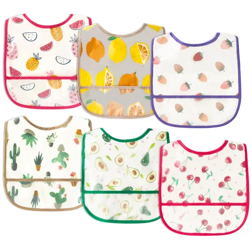 Vista 12 de 6 piezas de baberos impermeables para niños pequeños con bolsillo recogemigas, juego de baberos para bebés con ajuste para dientes de leche, baberos