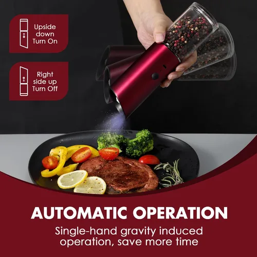 Vista 15 de Vzaahu Gravity - Molinillo eléctrico de pimienta y sal - Juego de 2 molinillo de sal y pimienta recargable de acero inoxidable con luz LED Rojo
