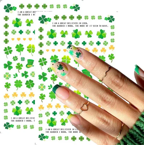 Vista 4 de 8 calcomanías de arte de uñas del día de San Patricio, trébol verde 3D, calcomanías autoadhesivas para uñas del día de San Patricio, suministros