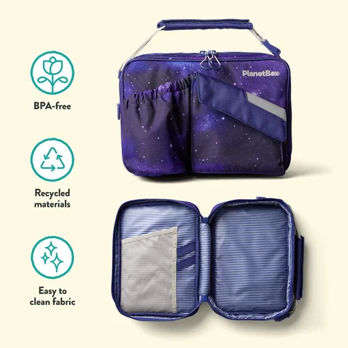 Vista 6 de PlanetBox Launch - Kit de caja de almuerzo estilo Bento de acero inoxidable para niños y adolescentes con 3 compartimentos – Edición Stardust