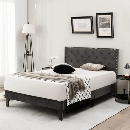 Vista 3 de KOMFOTT Base de cama tapizada tamaño matrimonial, base de cama de plataforma con cabecera copetuda y estribo acolchado suave, base de colchón