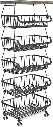 Vista 9 de Cestas de almacenamiento de cocina de 5 niveles con ruedas, cestas de metal para frutas y verduras, carrito de almacenamiento para despensa, carrito