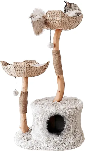 Vista 9 de Torre de Árbol para Gatos Moderna, Condominio de Lujo con Ramas Reales, Torre de Gatos de Madera, Árbol para Rascar Gatos, Condominio para Gatos