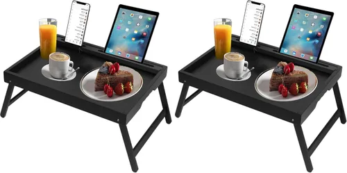 Vista 8 de Bandeja de cama con asas y patas plegables de bambú, bandeja de desayuno con ranura para medios, para usar como plato, escritorio para laptop