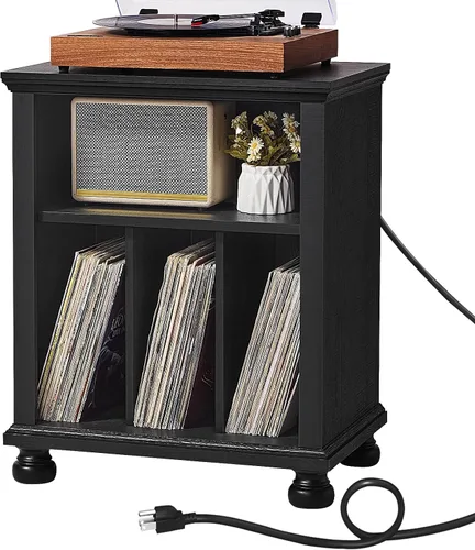 Vista 10 de Joaxswe - Soporte para tocadiscos de 24 pulgadas de ancho con almacenamiento de discos de vinilo, color negro Mid-Century Record Player Table Up