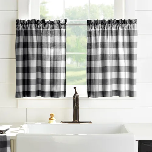 Vista 19 de Elrene Home Fashions Farmhouse Living Buffalo-Check Juego de cortinas de dos niveles para baño o cocina, 30" x 24" (Juego de 2 niveles), Gris/Blanco
