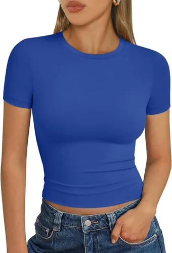 Vista 30 de Trendy Queen - Camisetas básicas para mujer, camisetas de verano 2025, de manga corta, ajustadas, para gimnasio, entrenamiento, ropa estilo Y2K