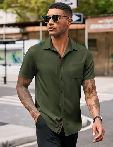 Vista 3 de COOFANDY Camisas casuales con botones para hombre, camisa de vestir de manga corta elástica con bolsillo