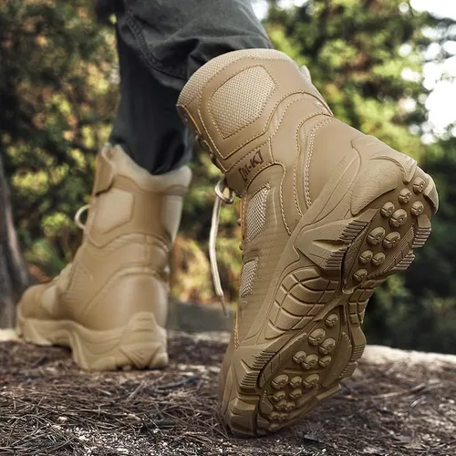 Vista 5 de IUBEIBEI Men's Military Tactical Work Boots Side Zipper Leather Motorcycle Combat Boots Desert Combat Men Outdoor Boots for Hiking Climbing