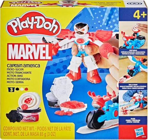 Vista 2 de Play-Doh Marvel Capitán América Moto-Cortador Set de juego con figura de acción articulable, 3 accesorios, juguetes de imaginación para niños de 4