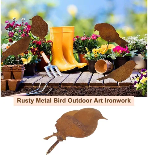 Vista 2 de 4 piezas de metal oxidado, pájaros, decoración de pájaros oxidados, simulación de metal para adornos de jardín, decoración del hogar, silueta al
