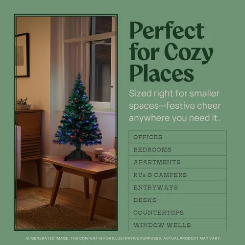Vista 7 de Flexible Flyer Pequeño árbol de Navidad de fibra óptica. Decoración de Navidad de mesa multicolor LED preiluminada de 32 pulgadas, 2 pies y 8