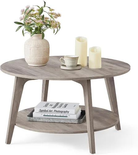 Vista 13 de VASAGLE Colección MAEZO - Mesa de café redonda, mesa de centro de 2 niveles con almacenamiento, patas cónicas, transiciones curvas, 31.5 pulgadas