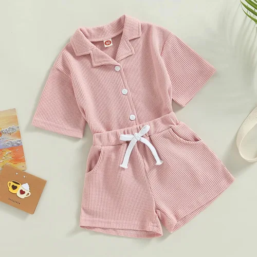 Vista 9 de Mubineo Pantalones cortos básicos de verano para bebés y niñas pequeñas, camisa con botones, ropa