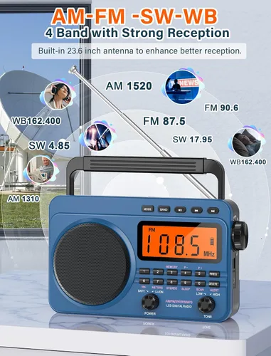 Vista 2 de Radio digital AM FM de onda corta con la mejor recepción, radio portátil recargable de 4000 mAh con alerta meteorológica NOAA, altavoz grande