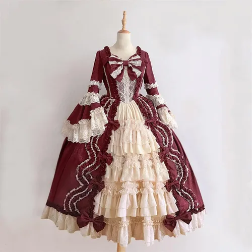 Vista 5 de Vestido de Lolita francesa para mujer, vestido victoriano, vestido renacentista, disfraz de princesa, manga acampanada, corte de lujo, cosplay