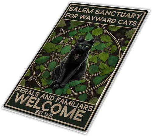 Vista 2 de Magic Call - Cartel de metal de gato negro, Santuario de Salem para gatos Waywards, póster retro para decoración del hogar, póster de pintura de 8 x