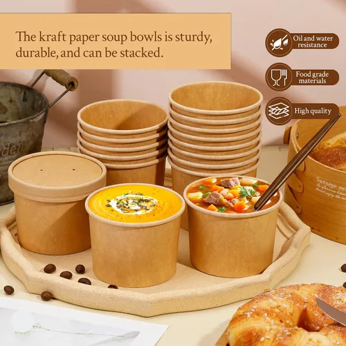 Vista 4 de Paquete de 50 recipientes de sopa de 12 onzas con tapas, cuencos de sopa de papel desechables, cuencos para llevar con tapas, cuencos de postre