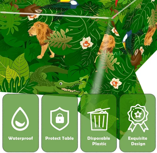 Vista 3 de Domgoge Mantel de plástico con diseño de safari de selva, rectangular, desechable, impermeable, para decoración de fiestas de cumpleaños de niños, 2