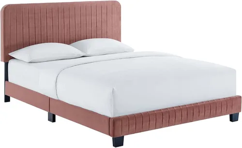 Vista 3 de Modway Celine - Cama con plataforma de terciopelo copetudo y alto rendimiento con canal en color rosa polv