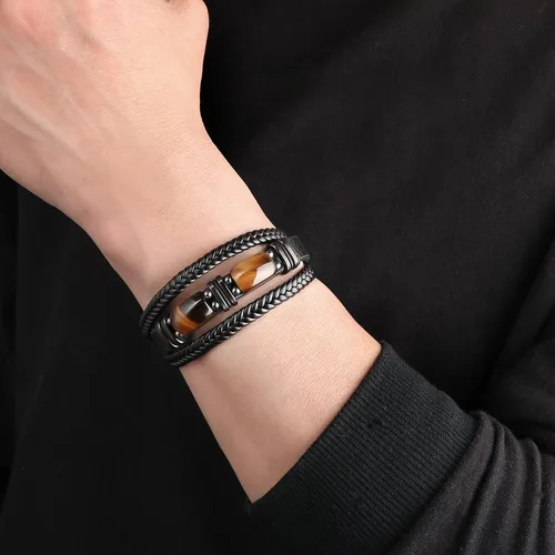Vista 3 de Pulseras de cuero trenzado negro con ojo de tigre para hombre, hijo, nieto, novio, papá, marido, regalos para hombres, Navidad, cumpleaños, día
