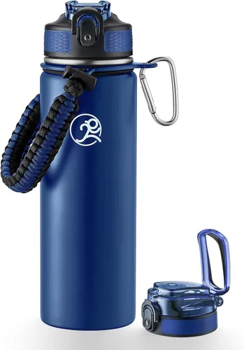 Vista 7 de GOSWAG - Botella de agua de viaje de acero inoxidable aislada de 24 onzas, 2 tapas with straw and no straw, Paracord handle, Double-wall vacuum